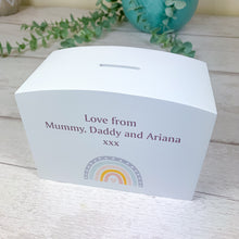Load image into Gallery viewer, Personalised Luxury Wooden Money Box, Boho Rainbow Piggy Bank.
