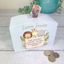 Load image into Gallery viewer, Personalised Luxury Wooden Money Box, Jungle Animal Piggy Bank.
