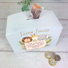Load image into Gallery viewer, Personalised Luxury Wooden Money Box, Jungle Animal Piggy Bank.
