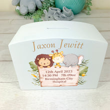 Load image into Gallery viewer, Personalised Luxury Wooden Money Box, Jungle Animal Piggy Bank.
