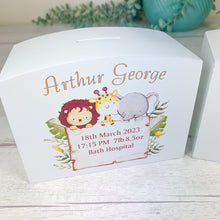 Load image into Gallery viewer, Personalised Luxury Wooden Money Box, Jungle Animal Piggy Bank.
