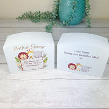 Load image into Gallery viewer, Personalised Luxury Wooden Money Box, Jungle Animal Piggy Bank.
