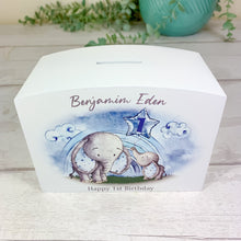 Load image into Gallery viewer, Personalised Luxury Wooden Money Box, Blue Elephant Piggy Bank.

