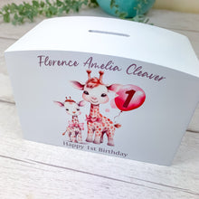 Load image into Gallery viewer, Personalised Luxury Wooden Money Box, Pink Giraffe Piggy Bank.
