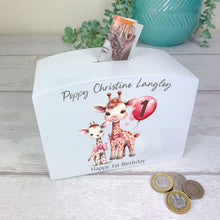 Load image into Gallery viewer, Personalised Luxury Wooden Money Box, Pink Giraffe Piggy Bank.
