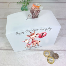 Load image into Gallery viewer, Personalised Luxury Wooden Money Box, Pink Giraffe Piggy Bank.
