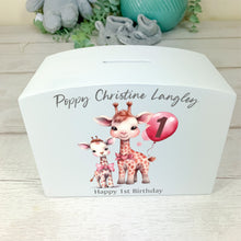Load image into Gallery viewer, Personalised Luxury Wooden Money Box, Pink Giraffe Piggy Bank.
