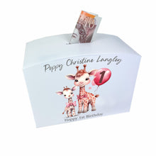 Load image into Gallery viewer, Personalised Luxury Wooden Money Box, Pink Giraffe Piggy Bank.
