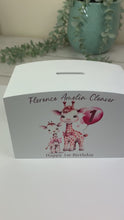 Load and play video in Gallery viewer, Personalised Luxury Wooden Money Box, Pink Giraffe Piggy Bank.
