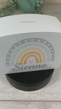 Load and play video in Gallery viewer, Personalised Luxury Wooden Money Box, Boho Rainbow Piggy Bank.
