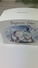 Load and play video in Gallery viewer, Personalised Luxury Wooden Money Box, Blue Elephant Piggy Bank.
