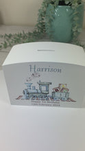 Load and play video in Gallery viewer, Personalised Luxury Wooden Money Box, Train Ride Piggy Bank.

