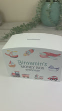 Load and play video in Gallery viewer, Personalised Luxury Wooden Money Box, Transport Theme Piggy Bank.
