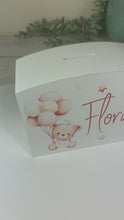 Load and play video in Gallery viewer, Personalised Luxury Wooden Money Box, Pink Teddy Piggy Bank.
