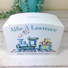 Load image into Gallery viewer, Personalised Luxury Wooden Money Box, Train Ride Piggy Bank.
