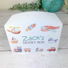 Load image into Gallery viewer, Personalised Luxury Wooden Money Box, Transport Theme Piggy Bank.
