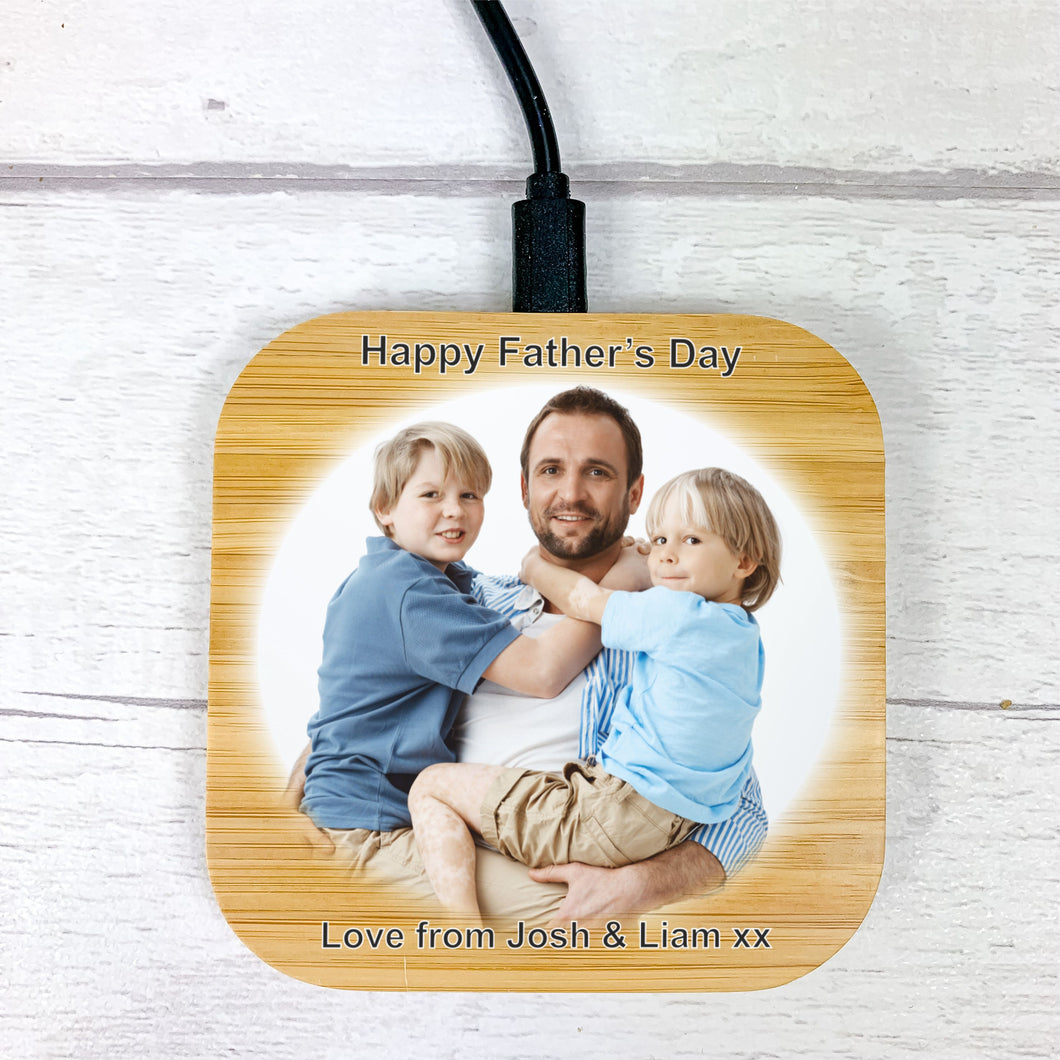 Personalised Bamboo Wireless Charger, Father's Day Gift With Photograph