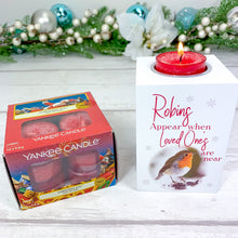 Load image into Gallery viewer, Personalised Single Tealight Holder with Yankee Candle® Robins Are Near Christmas gift
