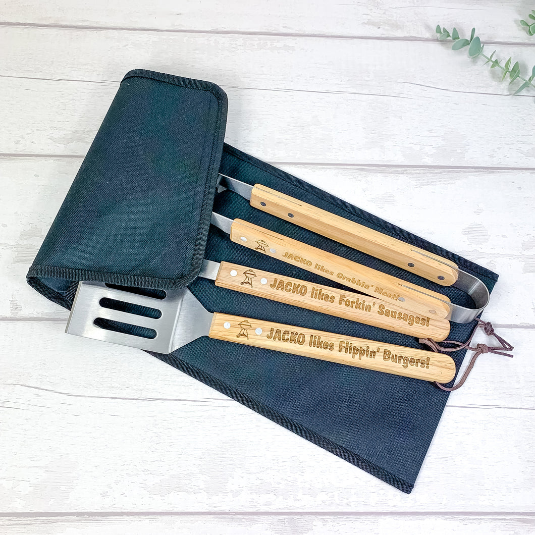 Personalised BBQ Tool Set With Canvas Storage Bag