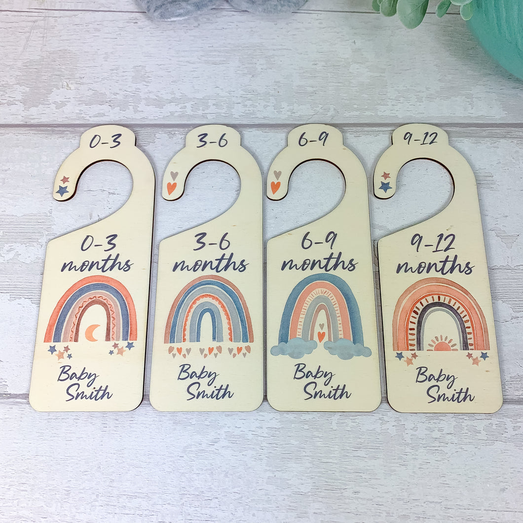 Personalised Wooden Baby Clothes Wardrobe Dividers, Boho Rainbow Theme