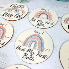 Load image into Gallery viewer, Wooden Baby Age and Milestone Discs Bundle, Boho Rainbow Theme
