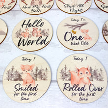 Load image into Gallery viewer, Wooden Baby Age and Milestone Discs Bundle, Woodland Animal Theme
