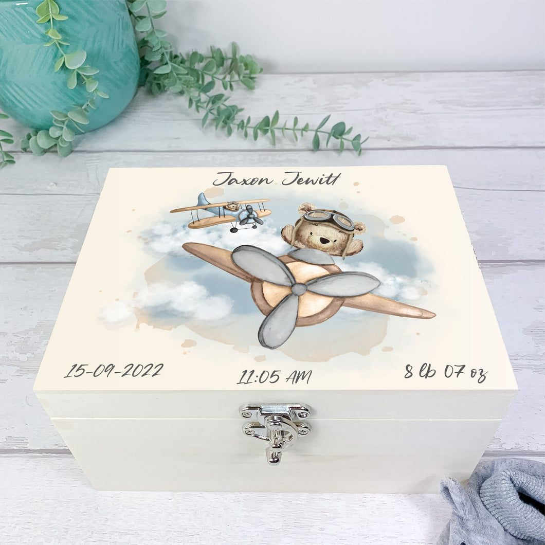 Personalised Baby Keepsake Box, Flying Teddy Theme
