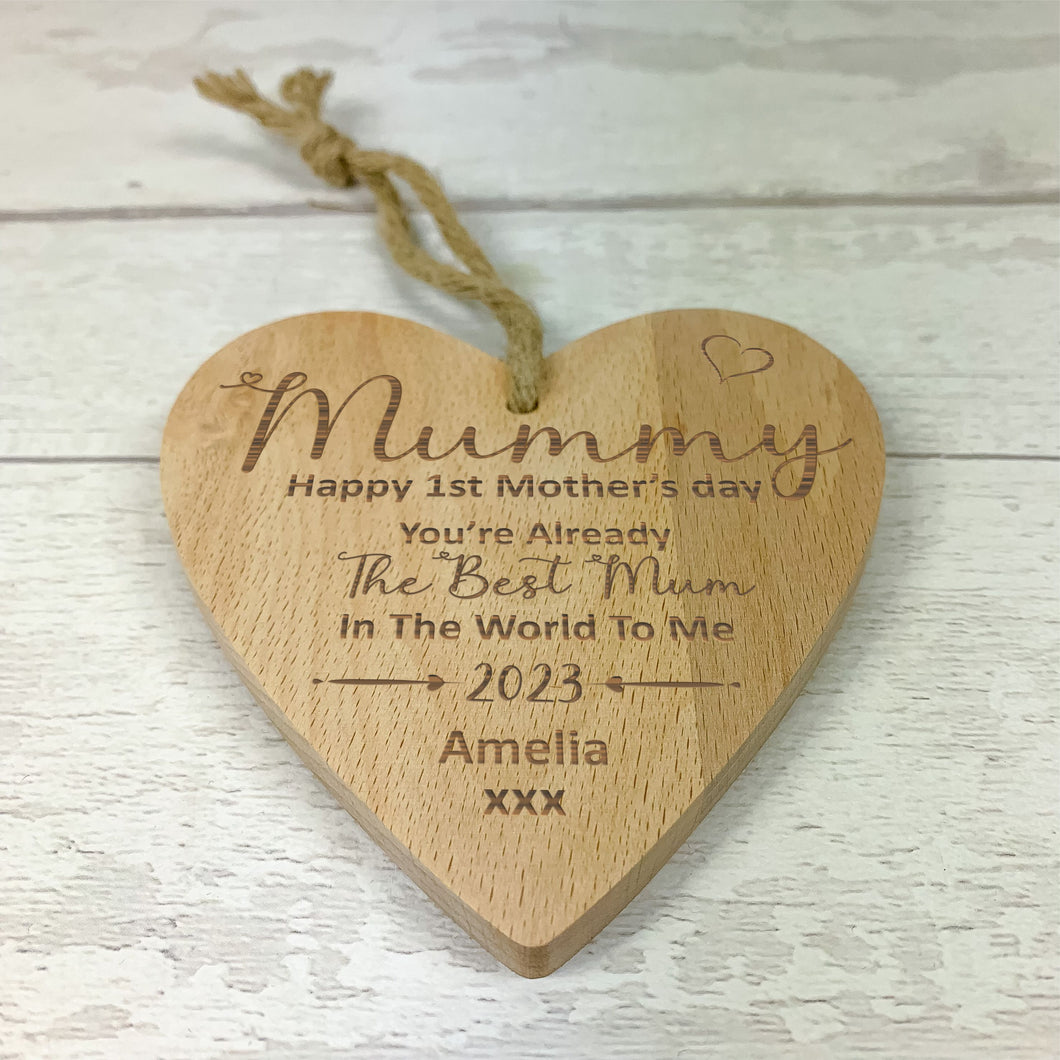 Personalised Wooden Heart 1st Mothers Day Gift, Gift For Mom