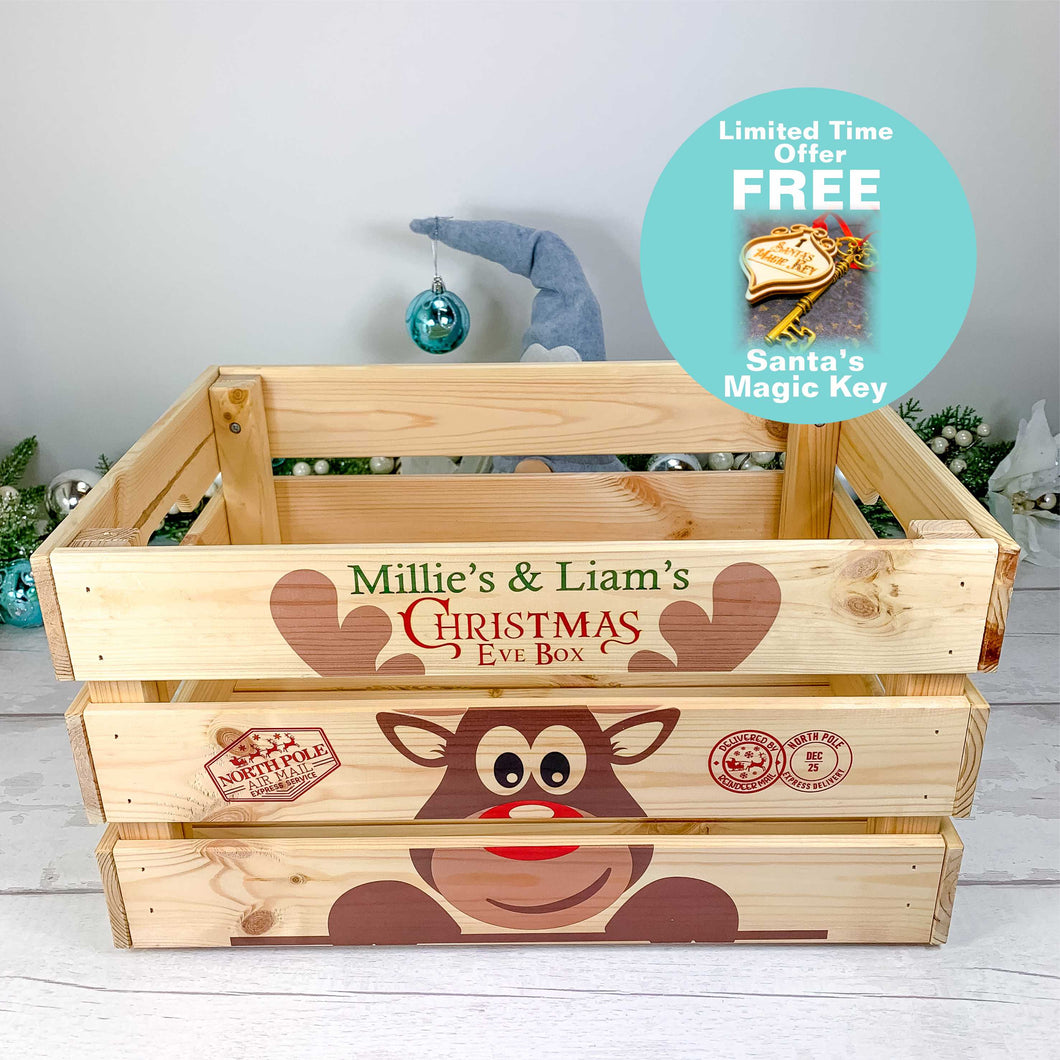 Personalised Large Pine Christmas Eve Crate - Rudolph design