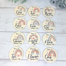 Load image into Gallery viewer, Wooden Baby Age and Milestone Discs Bundle, Boho Rainbow Theme
