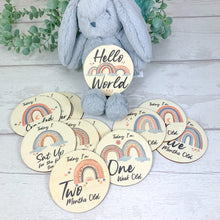 Load image into Gallery viewer, Wooden Baby Age and Milestone Discs Bundle, Boho Rainbow Theme
