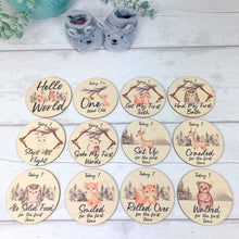 Load image into Gallery viewer, Wooden Baby Age and Milestone Discs Bundle, Woodland Animal Theme
