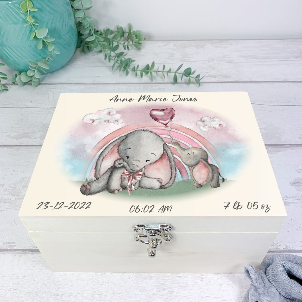 Personalised Baby Keepsake Box, Pink Baby Elephant Theme