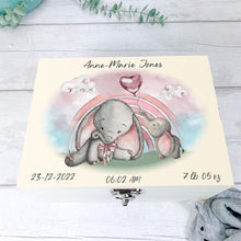 Load image into Gallery viewer, Personalised Baby Keepsake Box, Pink Baby Elephant Theme

