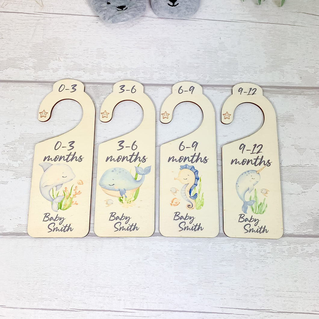 Personalised Wooden Baby Clothes Wardrobe Dividers, Undersea Animals Theme