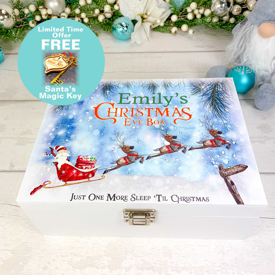 Personalised Luxury White Christmas Eve Box - Flying Santa with Sledge Design