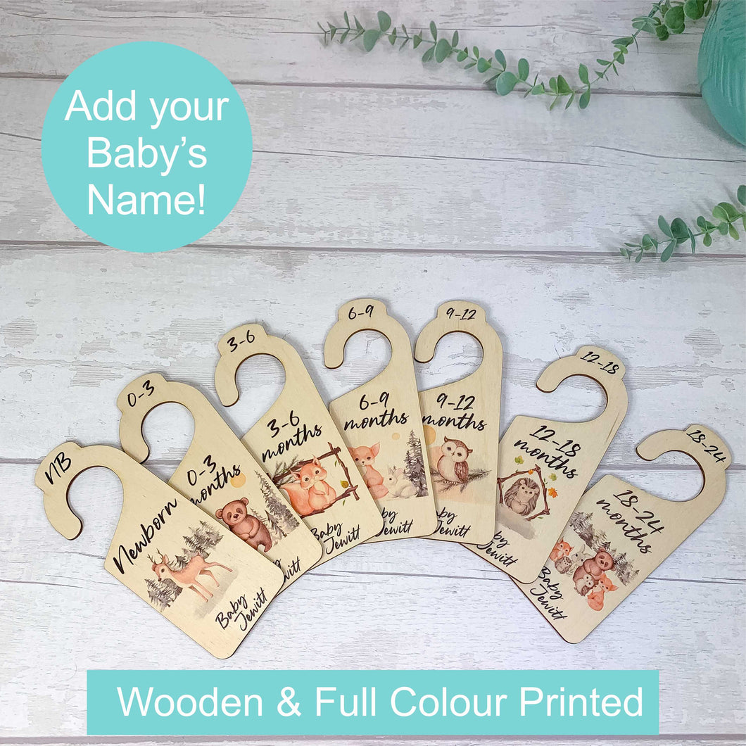 Personalised Wooden Baby Clothes Wardrobe Dividers, Woodland Animal Theme