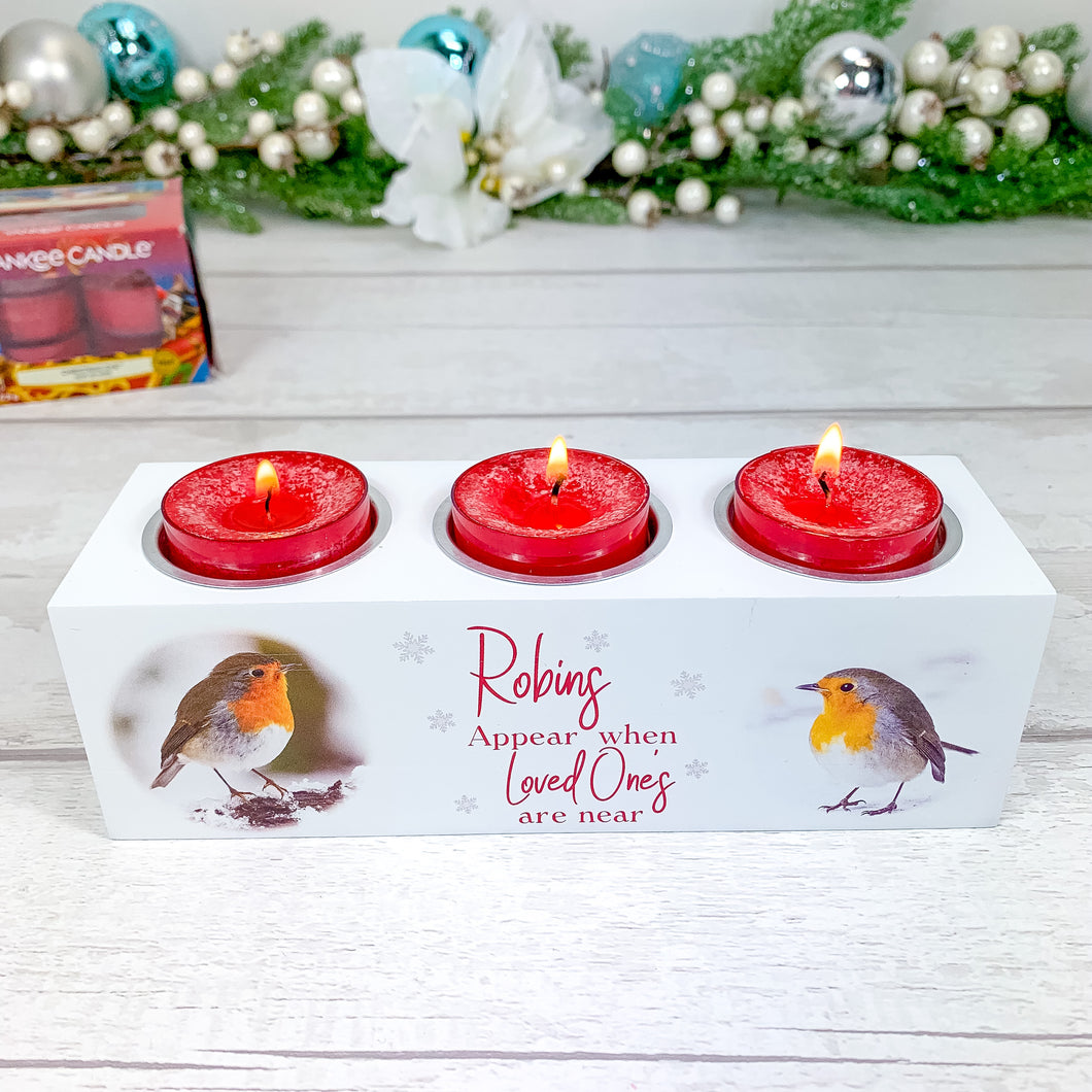 Personalised Tealight Holder with Yankee Candle® Robins Are Near Christmas gift