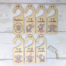 Load image into Gallery viewer, Personalised Wooden Baby Clothes Wardrobe Dividers, Pink Baby Elephant Theme
