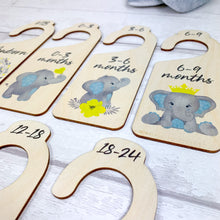 Load image into Gallery viewer, Personalised Wooden Baby Clothes Wardrobe Dividers, Blue Baby Elephant Theme
