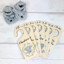 Load image into Gallery viewer, Personalised Wooden Baby Clothes Wardrobe Dividers, Blue Baby Elephant Theme

