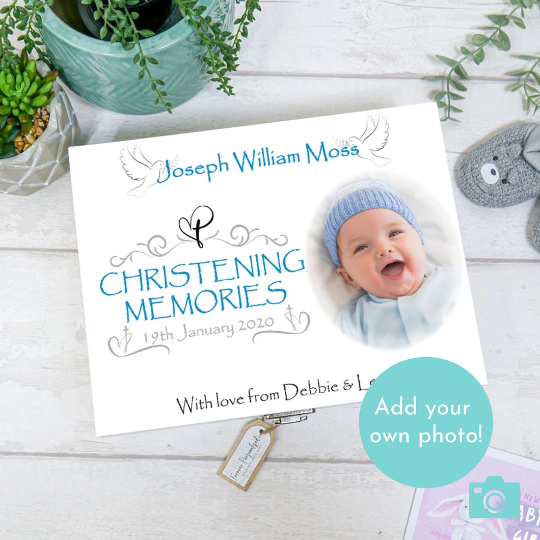 Personalised Boys Christening Keepsake Box - Add Your Own Photo