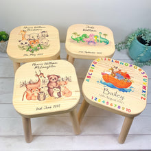 Load image into Gallery viewer, Personalised Childrens Stool, Noah&#39;s Ark Theme. Christening Gift
