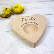 Load image into Gallery viewer, Personalised Dippy Egg Board, Heart Shaped Egg and Soldiers Serving Board. Easter Gift.

