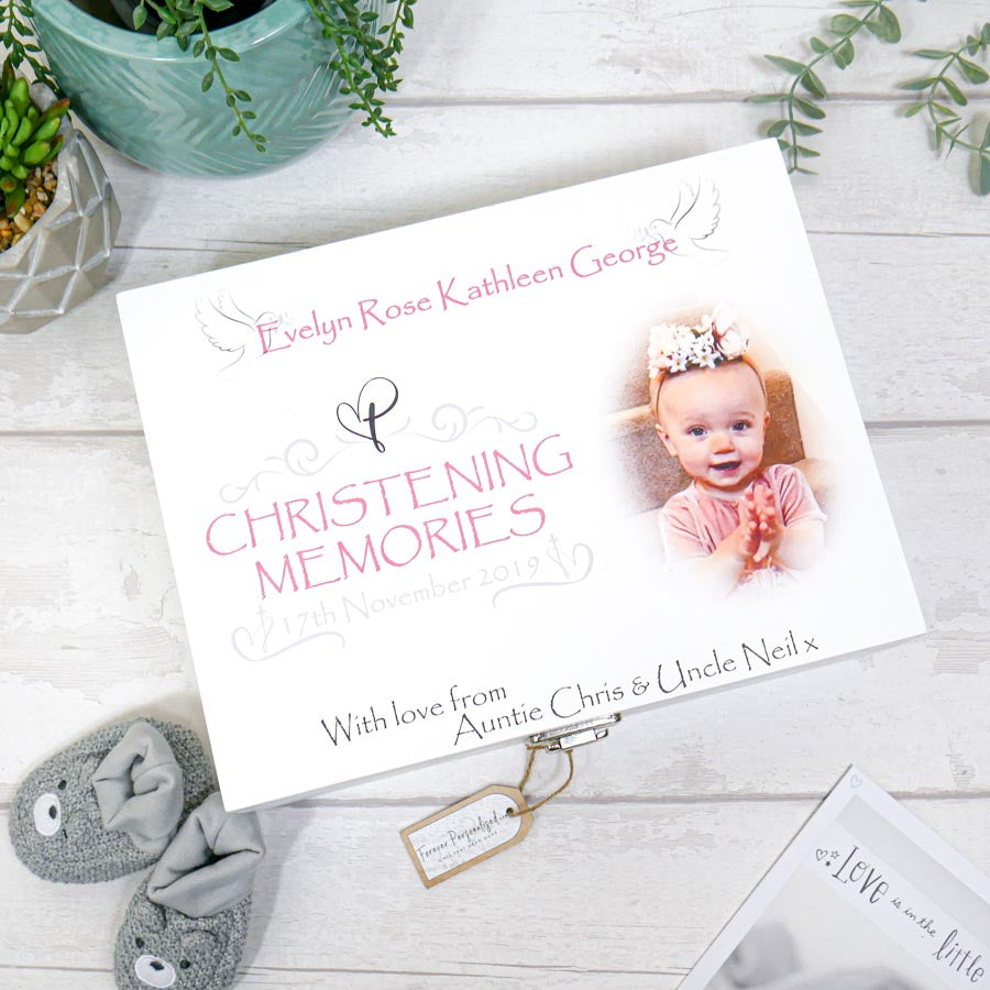 Personalised Girls Christening Keepsake Box - Add Your Own Photo